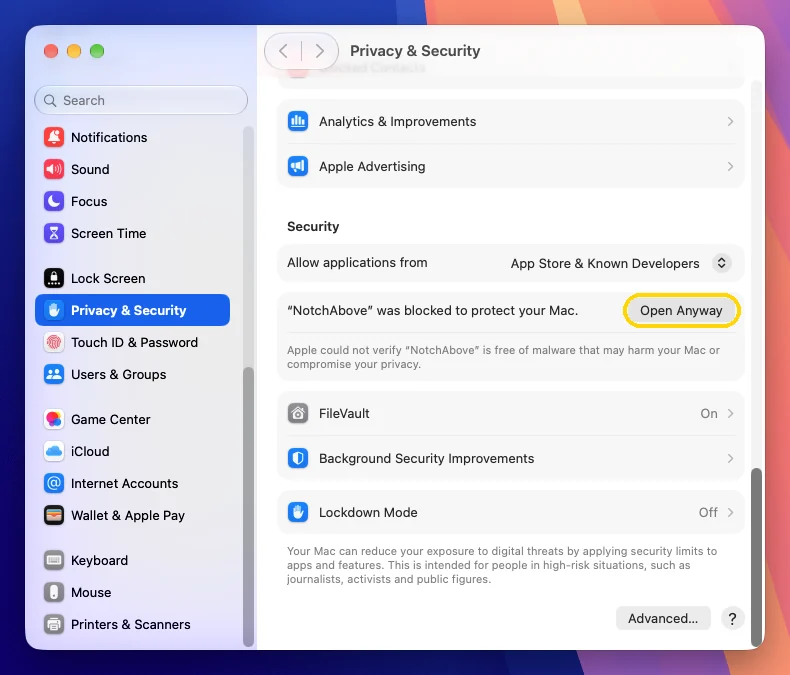 System Settings, Privacy & Security, with Open Anyway next to “NotchAbove was blocked” highlighted
