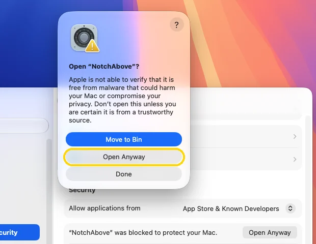 The “Open NotchAbove?” dialog with Open Anyway highlighted
