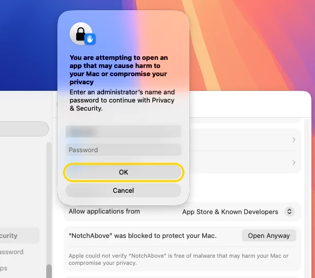 macOS asking for an administrator’s name and password, with OK highlighted